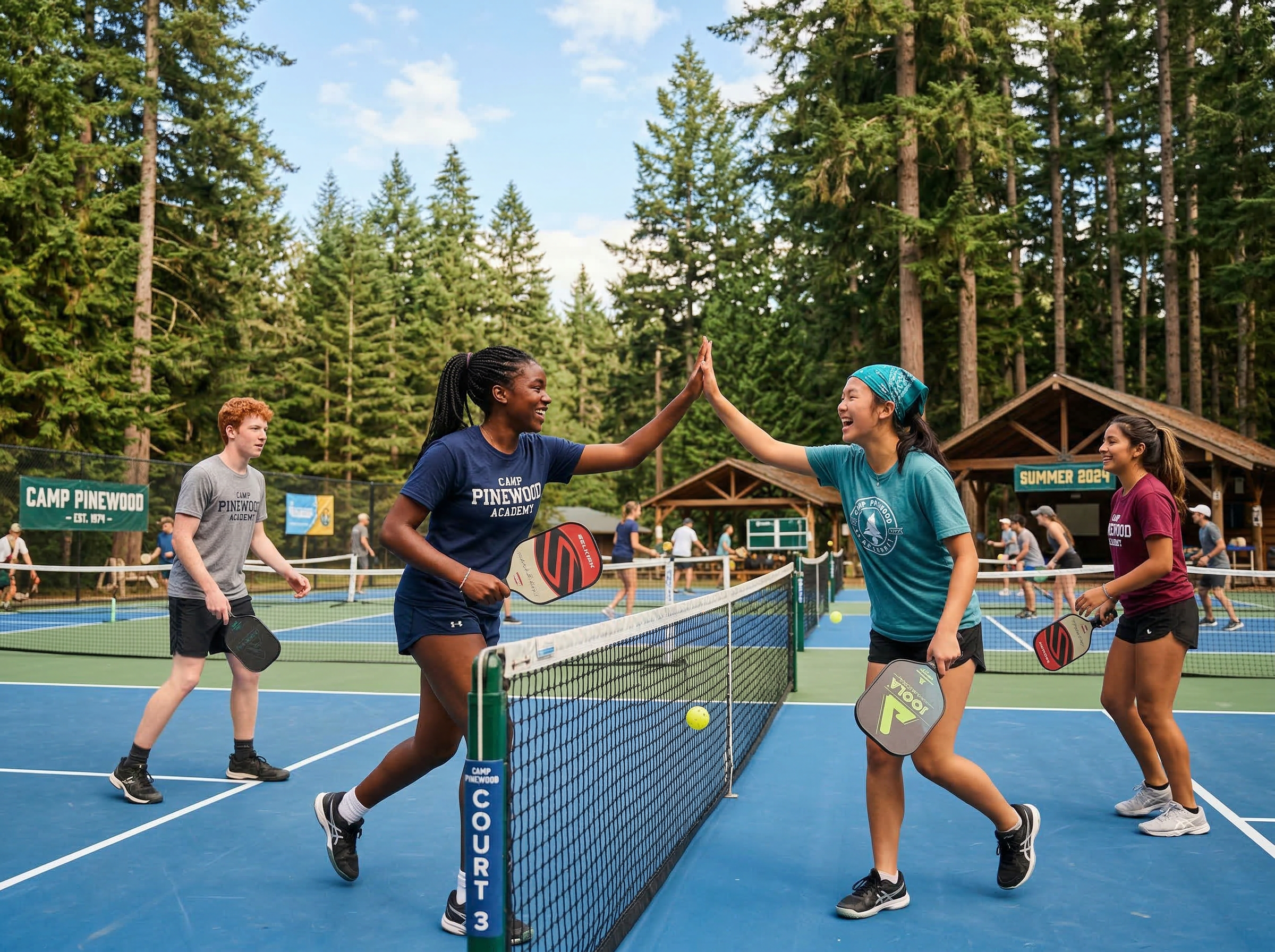 San Juan Island Pickleball Firday Harbor Teenagers playing pickleball on outdoor courts in a summer camp setting surrounded by tall evergreen trees