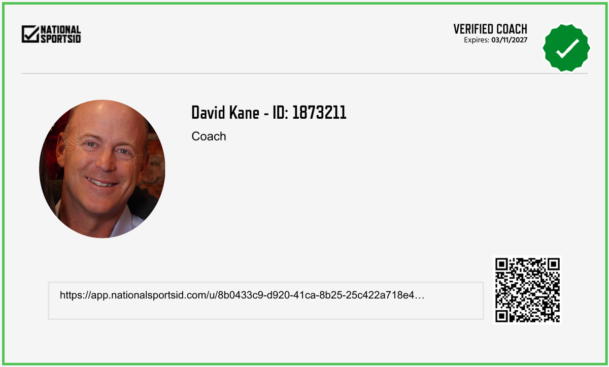 National Sports ID Verified Coach card for David Kane, showing verified status and expiration date