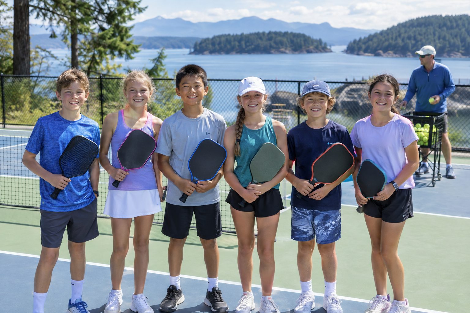 Youth summer camp players on an island court with paddles